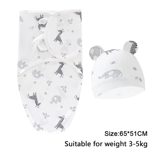 Baby Blanket Hat Set Cartoon Printed Cotton Newborn Swaddle Adjustable