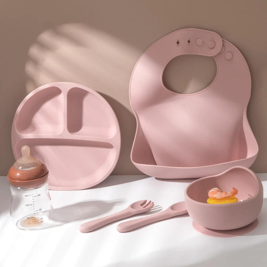 5Pcs Baby Silicone Feeding Set Round Dining Plate Sucker Bowl Dishes