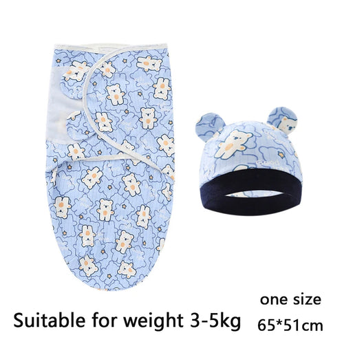 Baby Blanket Hat Set Cartoon Printed Cotton Newborn Swaddle Adjustable