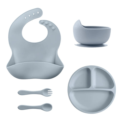 5Pcs Baby Silicone Feeding Set Round Dining Plate Sucker Bowl Dishes