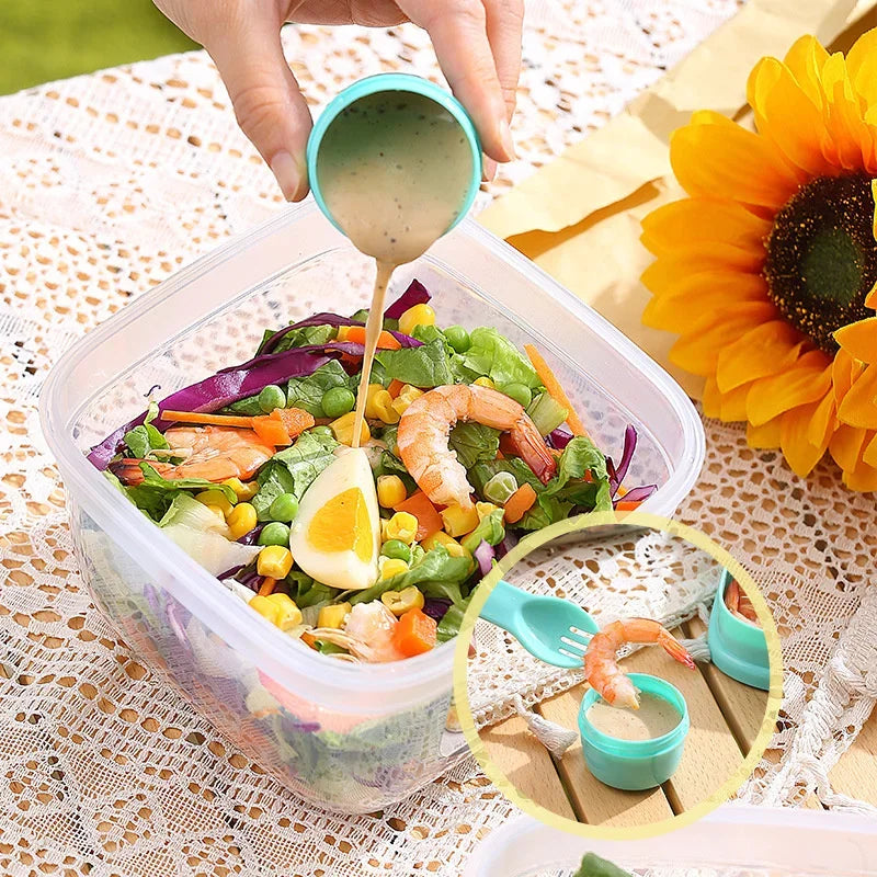 Portable 2 Layer Salad Bowls with Fork 1300ml/1600ml Lunch Box Sealed