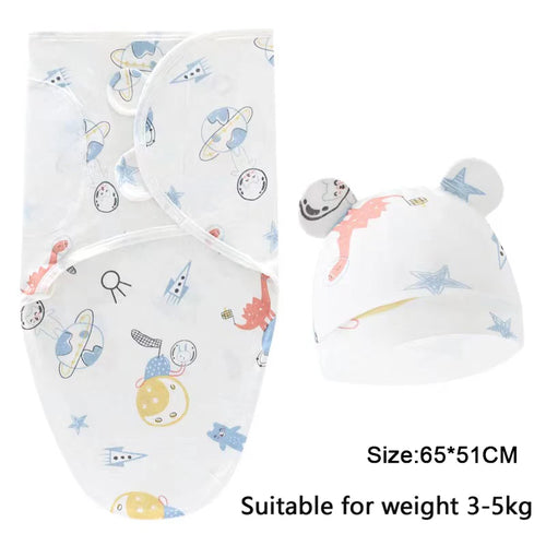 Baby Blanket Hat Set Cartoon Printed Cotton Newborn Swaddle Adjustable