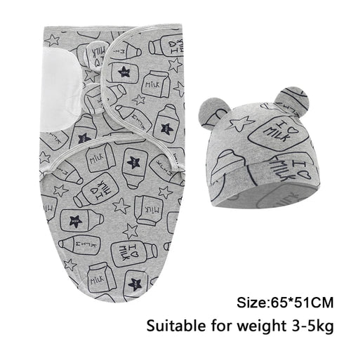 Baby Blanket Hat Set Cartoon Printed Cotton Newborn Swaddle Adjustable