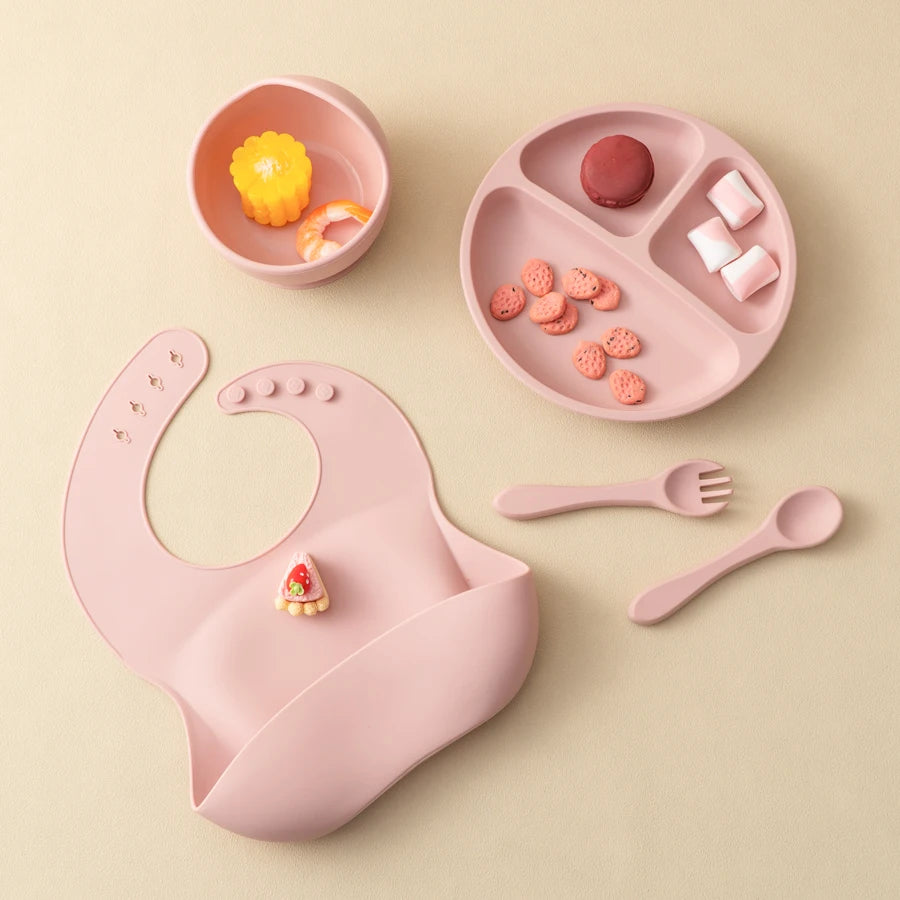 5Pcs Baby Silicone Feeding Set Round Dining Plate Sucker Bowl Dishes