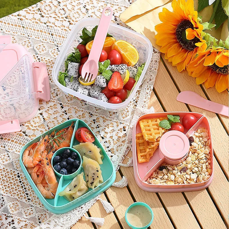 Portable 2 Layer Salad Bowls with Fork 1300ml/1600ml Lunch Box Sealed
