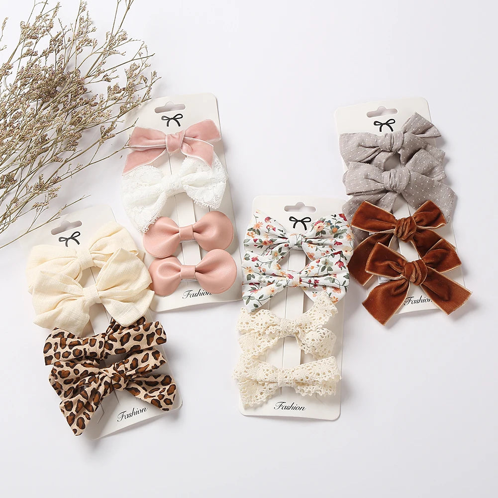 4Pcs/set Leopard Dot Print Bowknot Hair Bow Clips Baby Girls Lace