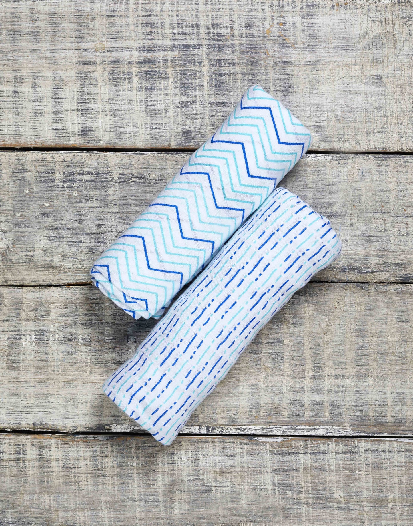 ORGANIC SWADDLE SET - SHADES OF BLUE (Chevron + Dotty)