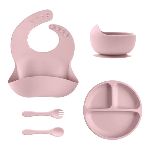 5Pcs Baby Silicone Feeding Set Round Dining Plate Sucker Bowl Dishes