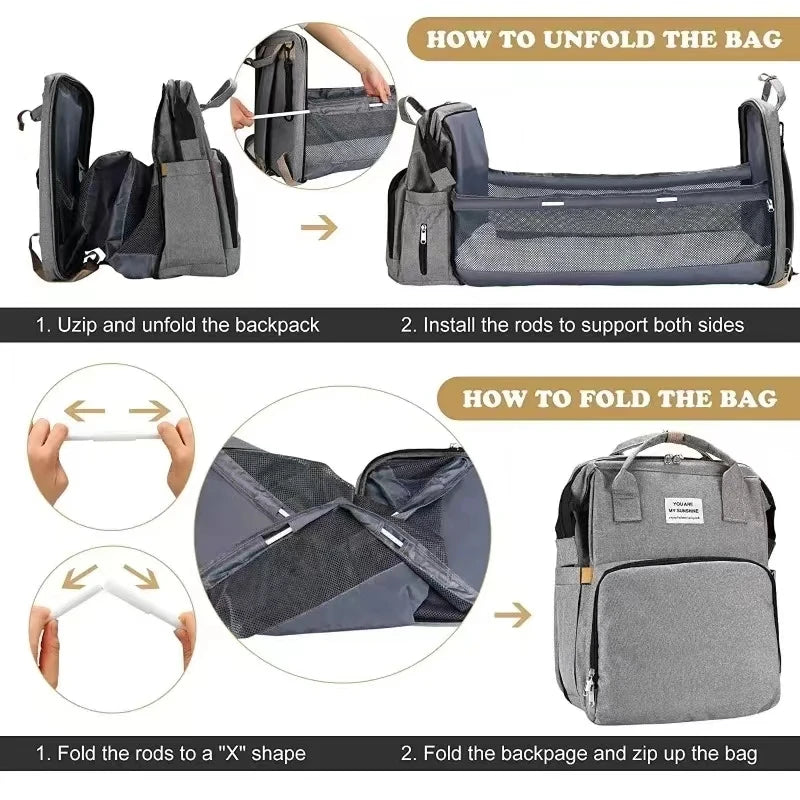 Foldable bed diaper bag with changing station insulated pocket and