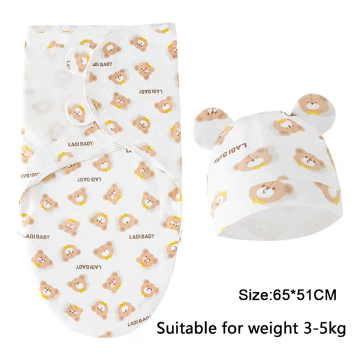 Baby Blanket Hat Set Cartoon Printed Cotton Newborn Swaddle Adjustable