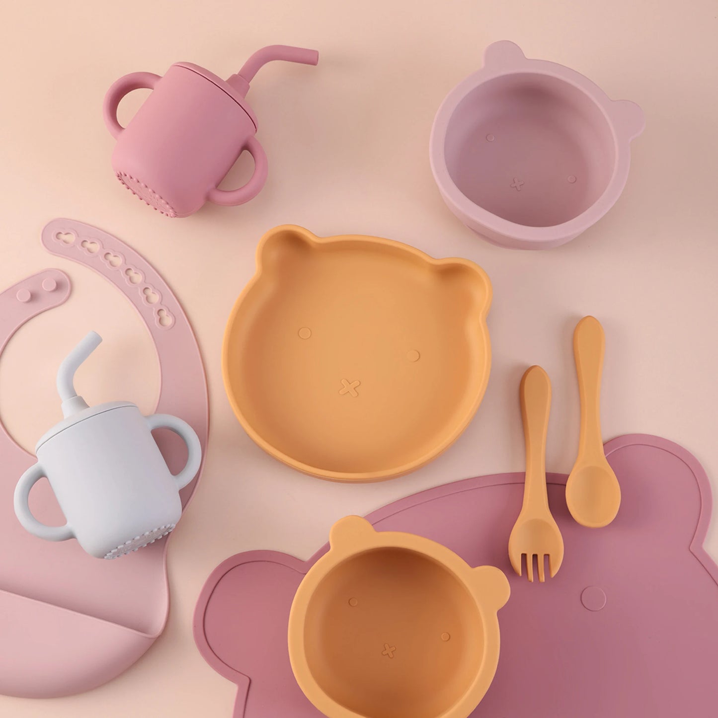 Color Kids 7PCS Silicone Baby Feeding Set Suction Plate Bowl Cup