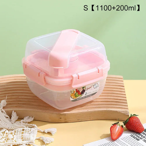 Portable 2 Layer Salad Bowls with Fork 1300ml/1600ml Lunch Box Sealed