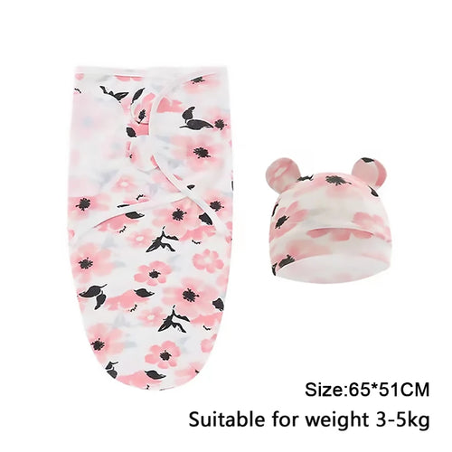 Baby Blanket Hat Set Cartoon Printed Cotton Newborn Swaddle Adjustable