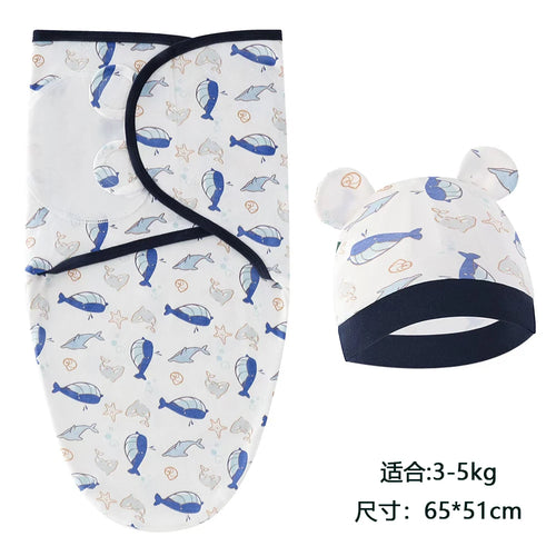 Baby Blanket Hat Set Cartoon Printed Cotton Newborn Swaddle Adjustable