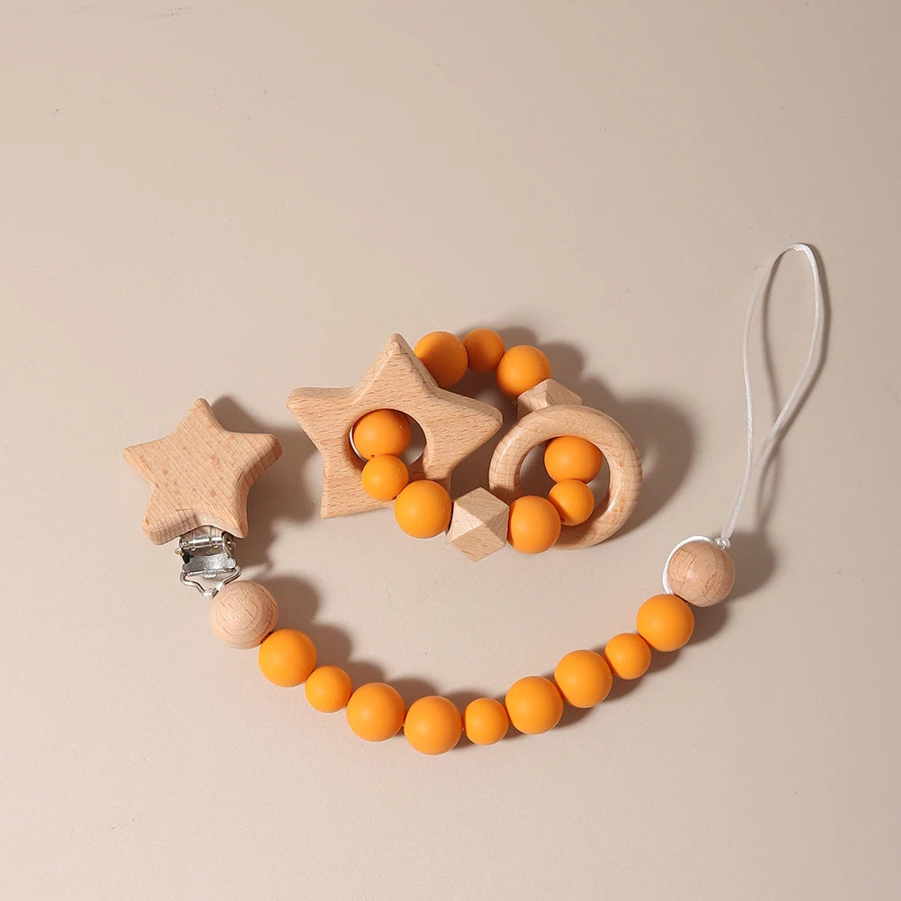 New Baby Pacifier Chain Clips Wood Bird Teether Silicone Round Beads