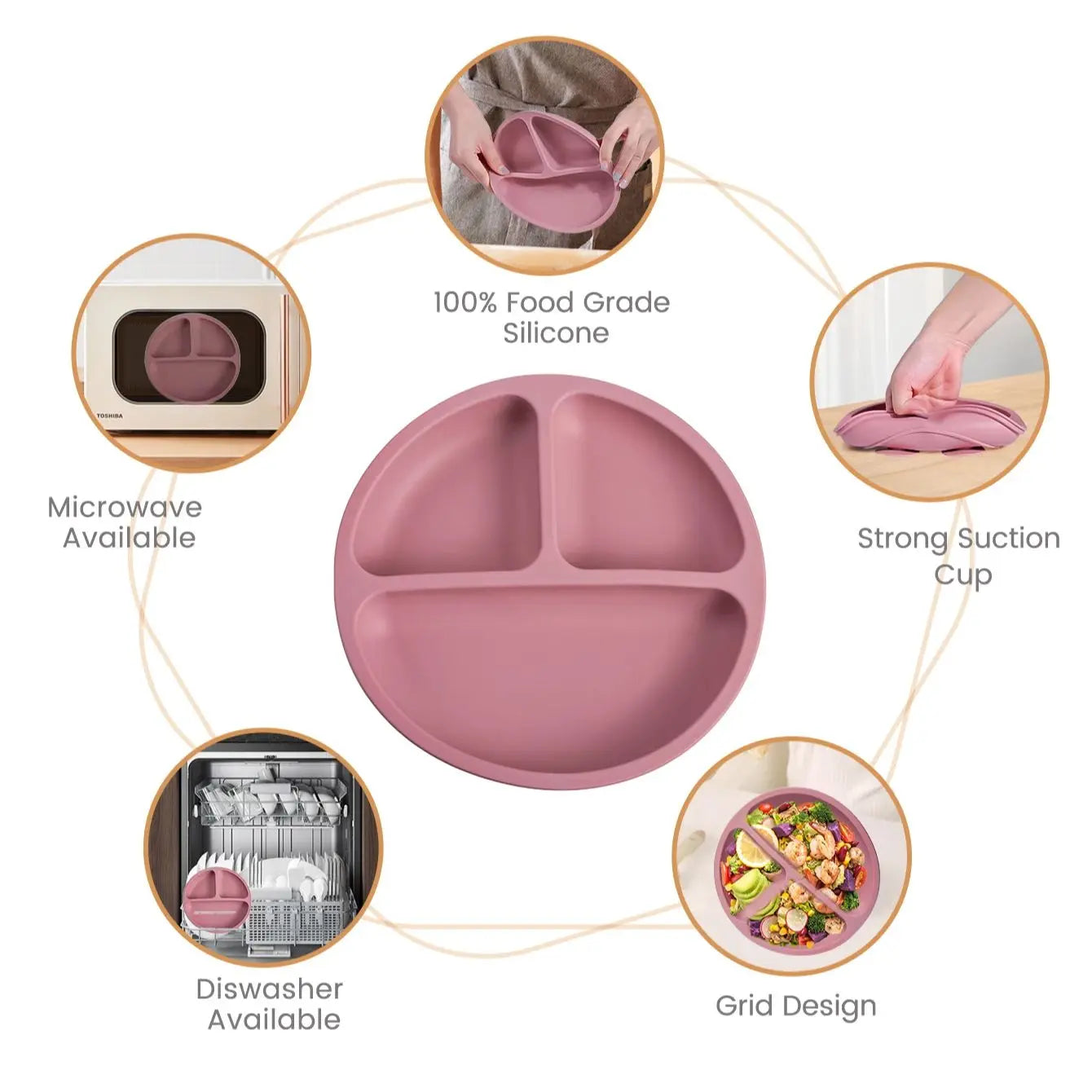TYRY.HU 3PCS Baby Silicone Feeding Set BPA Free Suction Plate Divided