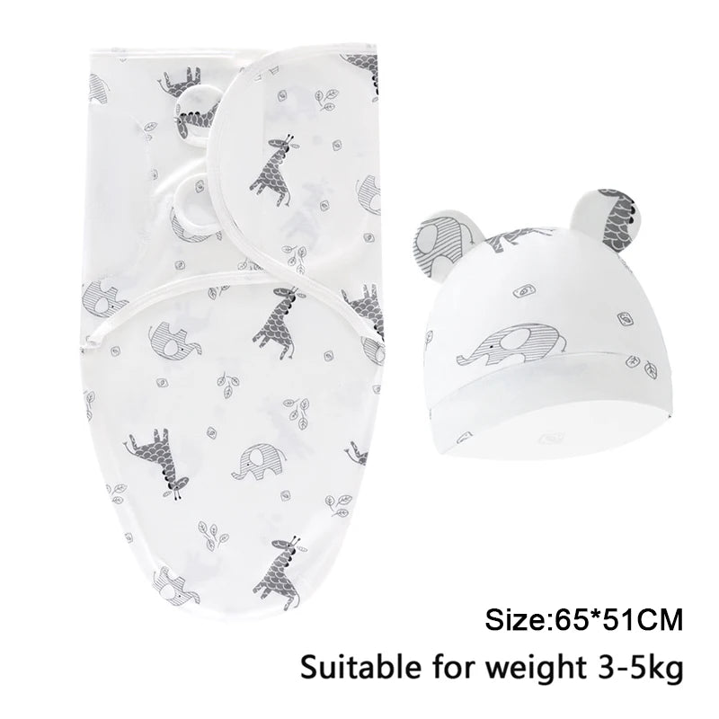 Baby Blanket Hat Set Cartoon Printed Cotton Newborn Swaddle Adjustable