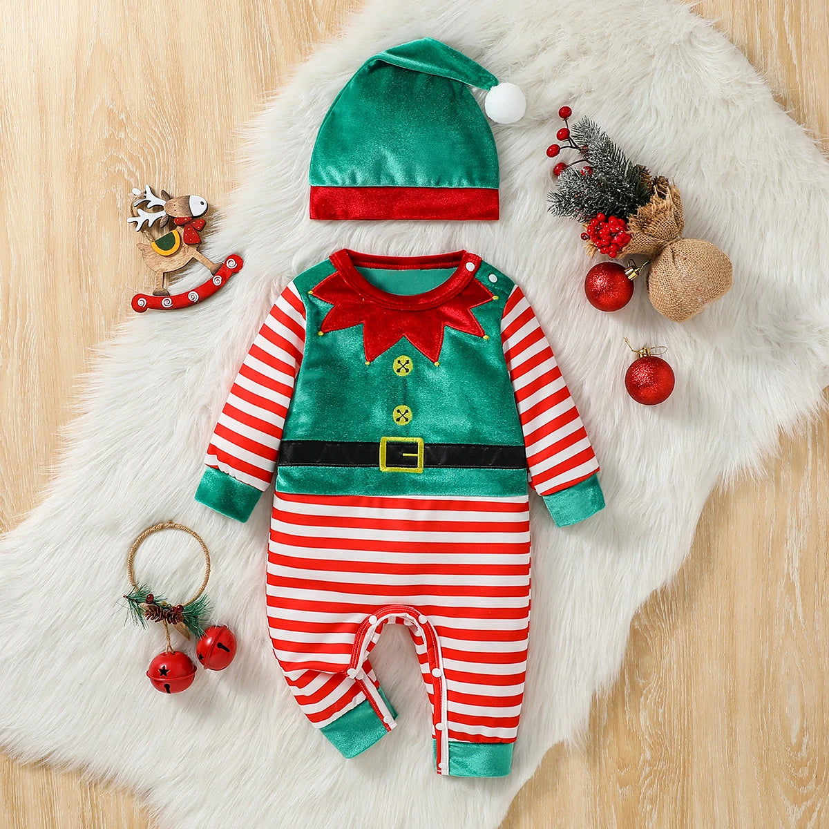 2Pcs Christmas Baby unisex Jumpsuit Newborn Cute  Striped Clothes