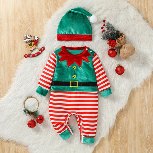 2Pcs Christmas Baby unisex Jumpsuit Newborn Cute  Striped Clothes