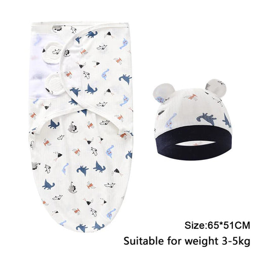 Baby Blanket Hat Set Cartoon Printed Cotton Newborn Swaddle Adjustable