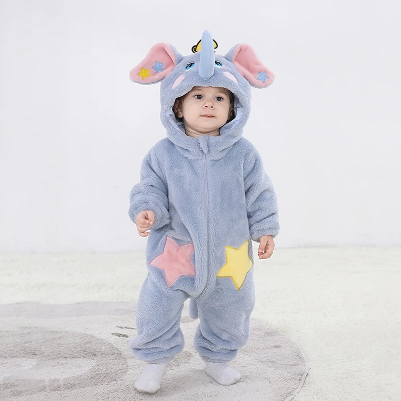 Kigurumis Lovely Elephant Newborn Baby Clothes Bodysuit Winter Flannel