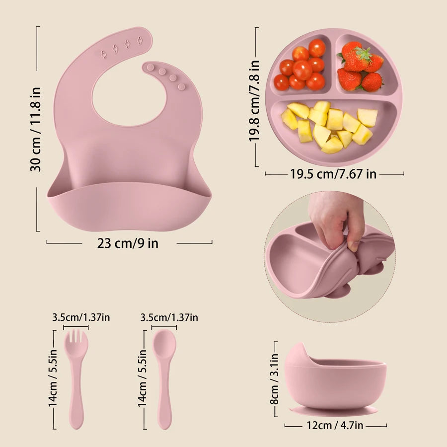 5Pcs Baby Silicone Feeding Set Round Dining Plate Sucker Bowl Dishes