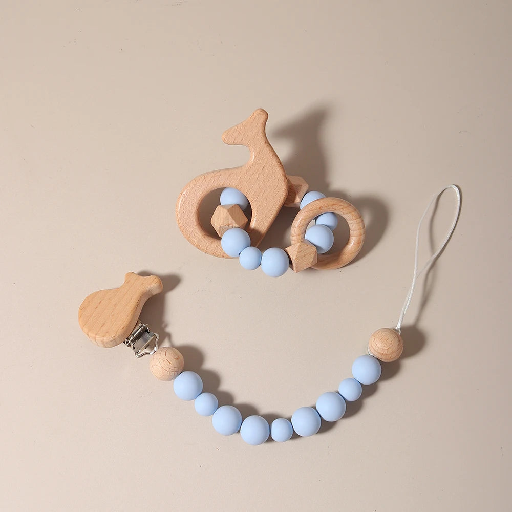 New Baby Pacifier Chain Clips Wood Bird Teether Silicone Round Beads