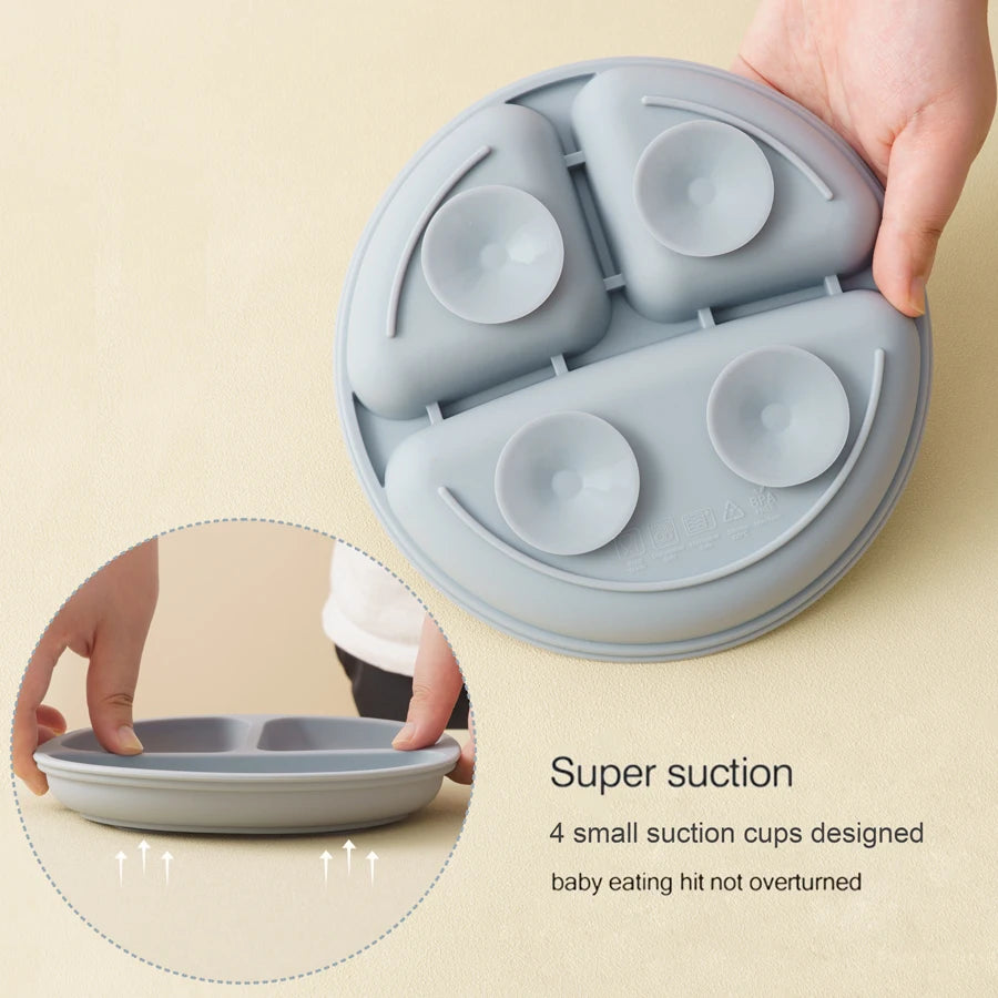 5Pcs Baby Silicone Feeding Set Round Dining Plate Sucker Bowl Dishes