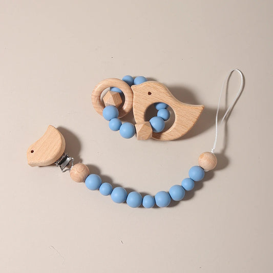 New Baby Pacifier Chain Clips Wood Bird Teether Silicone Round Beads