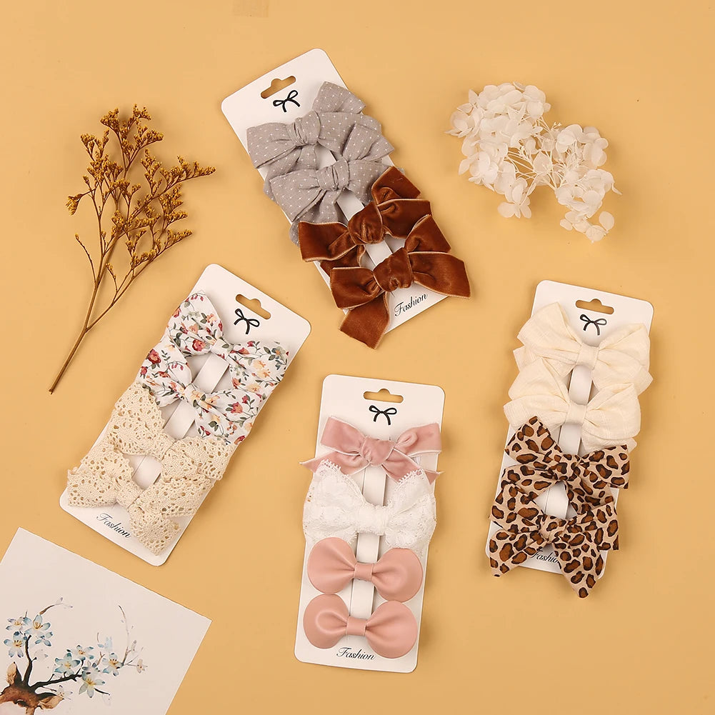 4Pcs/set Leopard Dot Print Bowknot Hair Bow Clips Baby Girls Lace