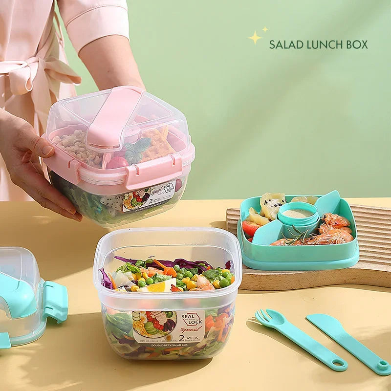 Portable 2 Layer Salad Bowls with Fork 1300ml/1600ml Lunch Box Sealed