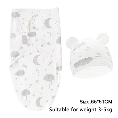 Baby Blanket Hat Set Cartoon Printed Cotton Newborn Swaddle Adjustable