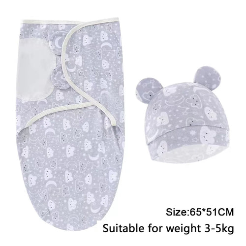 Baby Blanket Hat Set Cartoon Printed Cotton Newborn Swaddle Adjustable