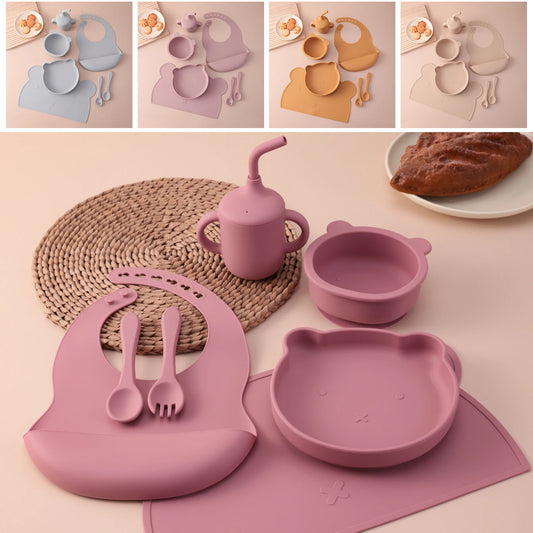 Color Kids 7PCS Silicone Baby Feeding Set Suction Plate Bowl Cup