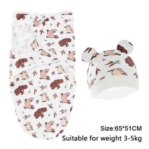 Baby Blanket Hat Set Cartoon Printed Cotton Newborn Swaddle Adjustable