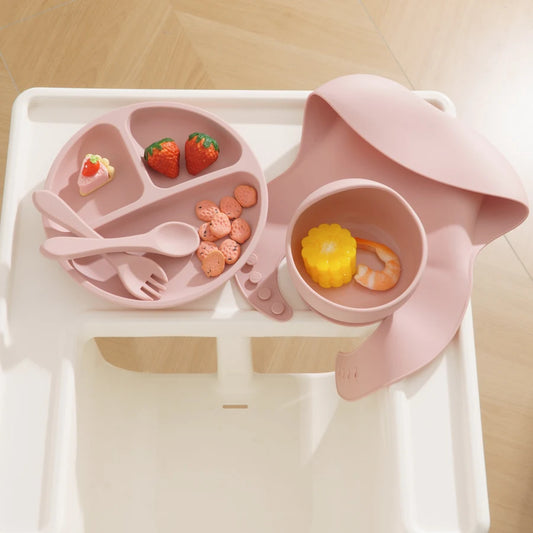 5Pcs Baby Silicone Feeding Set Round Dining Plate Sucker Bowl Dishes