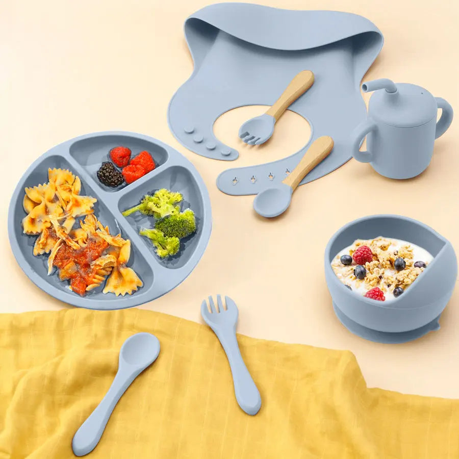 8PCS/Set BPA Free Silicone Baby Feeding Set Sucker Bowl Dishes Plate