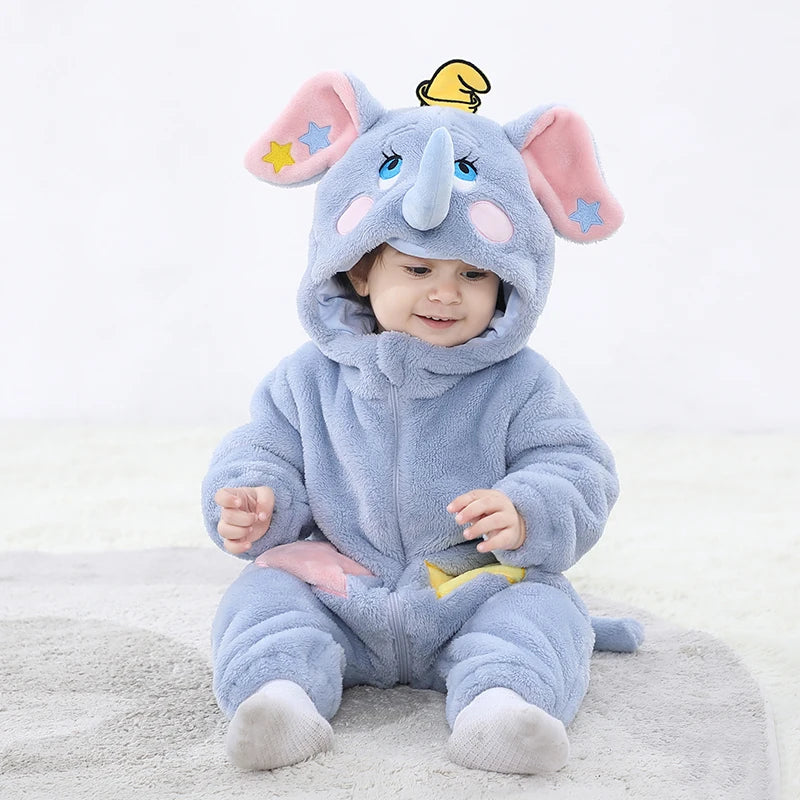 Kigurumis Lovely Elephant Newborn Baby Clothes Bodysuit Winter Flannel