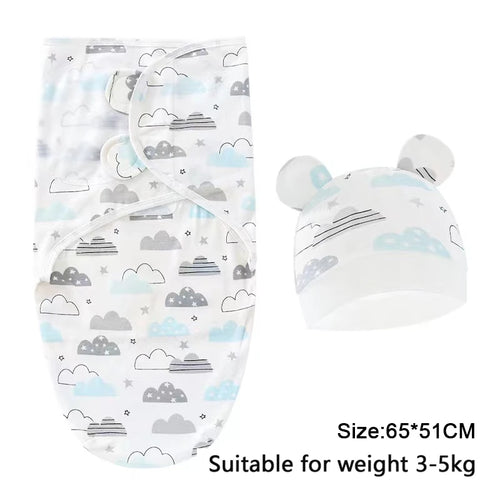 Baby Blanket Hat Set Cartoon Printed Cotton Newborn Swaddle Adjustable