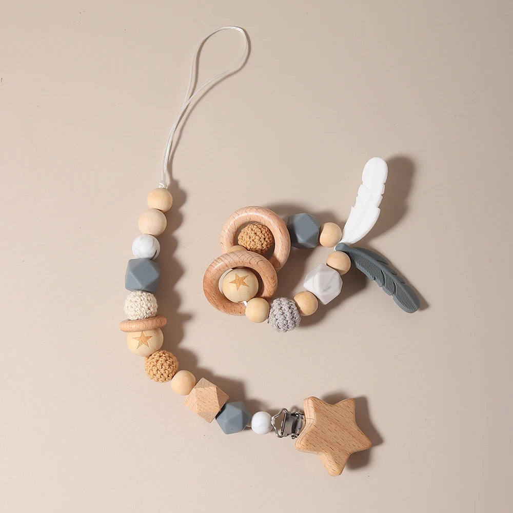 New Baby Pacifier Chain Clips Wood Bird Teether Silicone Round Beads