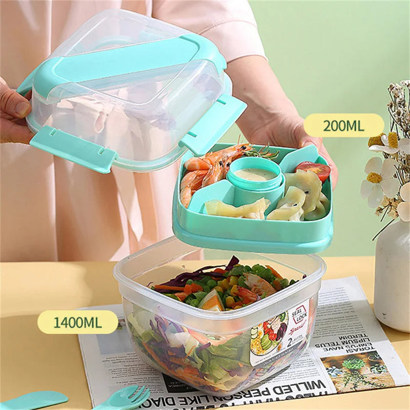 Portable 2 Layer Salad Bowls with Fork 1300ml/1600ml Lunch Box Sealed