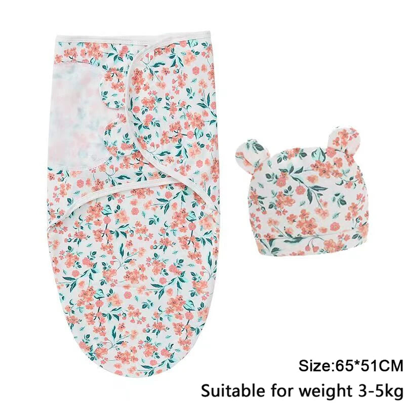Baby Blanket Hat Set Cartoon Printed Cotton Newborn Swaddle Adjustable