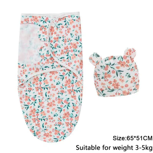 Baby Blanket Hat Set Cartoon Printed Cotton Newborn Swaddle Adjustable