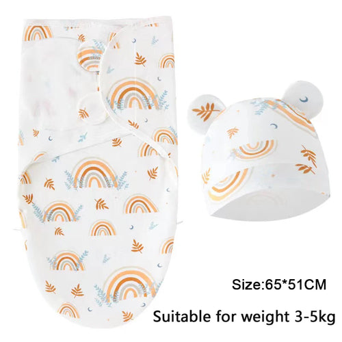 Baby Blanket Hat Set Cartoon Printed Cotton Newborn Swaddle Adjustable