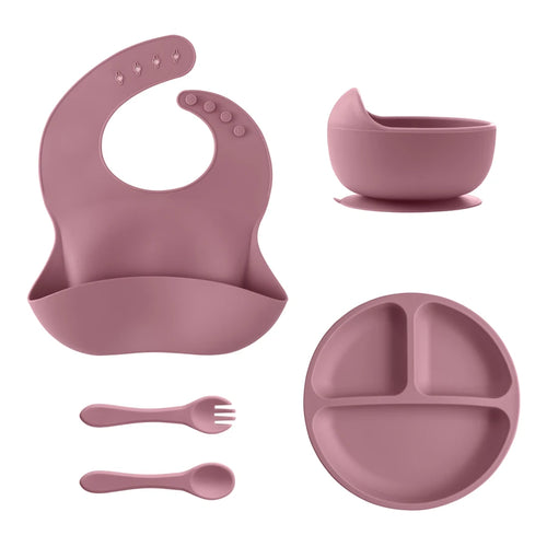 5Pcs Baby Silicone Feeding Set Round Dining Plate Sucker Bowl Dishes