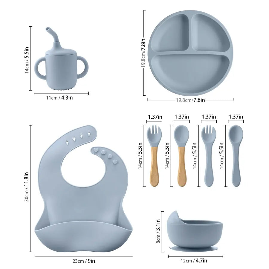 8PCS/Set BPA Free Silicone Baby Feeding Set Sucker Bowl Dishes Plate