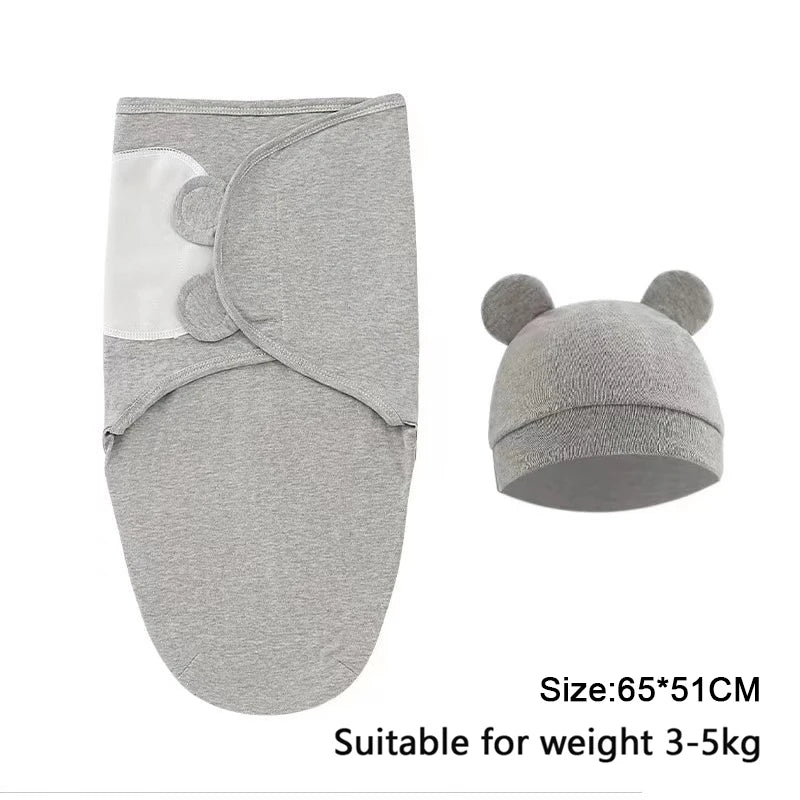 Baby Blanket Hat Set Cartoon Printed Cotton Newborn Swaddle Adjustable