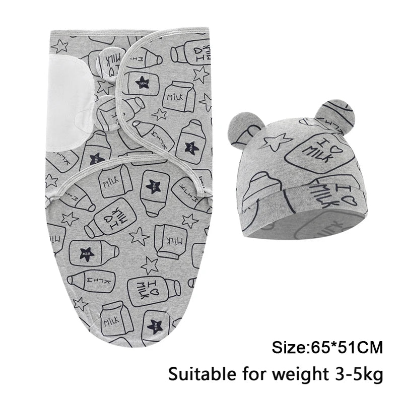 Baby Blanket Hat Set Cartoon Printed Cotton Newborn Swaddle Adjustable