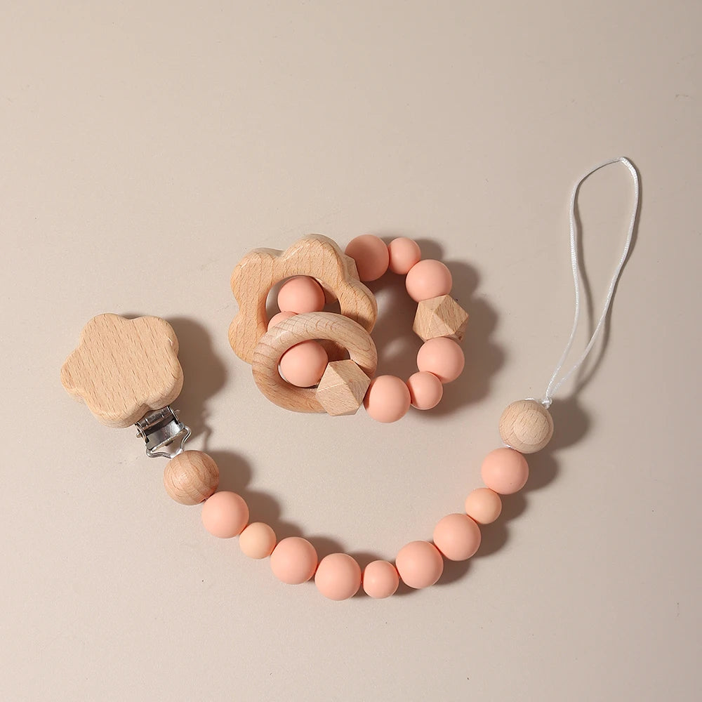 New Baby Pacifier Chain Clips Wood Bird Teether Silicone Round Beads