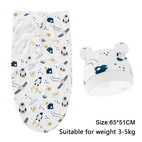 Baby Blanket Hat Set Cartoon Printed Cotton Newborn Swaddle Adjustable